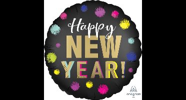 Folieballon 45cm "Happy New Year" met gekleurde vuurwerk stippen, per stuk