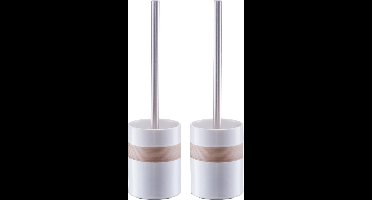 Zeller Toiletborstel in houder - 2x stuks - keramiek - wit met beige band - 9 x 33 cm - WC borstel