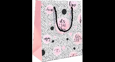 Luxe Cadeautas Met koord - 24 x 10 x 33,5 cm - Party Time - Zwart Roze- 12 Stuks