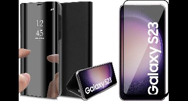 Hoesje geschikt voor Samsung Galaxy S23 - Screen Protector FullGuard - Book Case Spiegel Zwart & Screenprotector