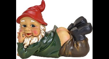 Liggende tuinkabouter - met blote billen - tuindecoratie - 25 cm - polystone beeld - tuindecoratie/tuinversiering kabouter