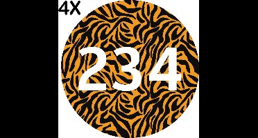 Containerstickers Huisnummer "3" - 25x25cm - Tijger Print Cirkel met Wit Nummer- Set van 4 dezelfde Vinyl Stickers - Klikostickers