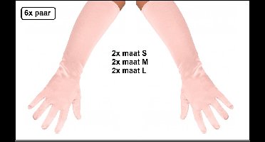 6x Paar Handschoenen satijn 40cm roze assortie maten - mt.S, mt.M en mt.L - Carnaval gala thema feest party festival