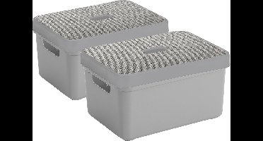 Sunware Opbergboxen - lichtgrijs - 13 Liter - set van 2x stuks - kunststof - met deksel - 35 x 25 x 18 cm - lichtgrijs