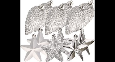 Dennenappels en sterren kerstornamenten - 12 stuks - kunststof - zilver