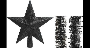 Kerstversiering kunststof glitter ster piek 19 cm en folieslingers pakket zwart van 3x stuks - Kerstboomversiering