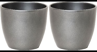 2x bloempot in kleur glanzend zilver metallic keramiek voor kamerplant h13.5 x d15.5 cm- plantenpotten binnen