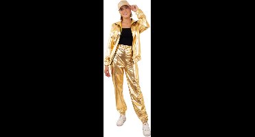PartyXplosion - Glitter & Glamour Kostuum - Gouden Metallic Retro Trainingspak Proud To Be Goud Dames - Vrouw - goud - Medium - Carnavalskleding - Verkleedkleding - Carnaval kostuum dames