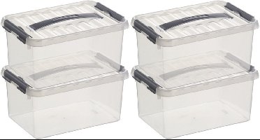 6x sunware q-line opberg box/opbergdoos - 6 liter - 30 x 20 x 14 cm - kunststof - opslagbox - transparant/zilver
