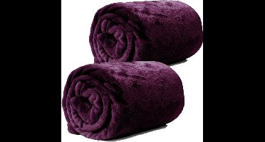 Unique Living Plaid/deken - 2x - fleece - donker paars - polyester - 130 x 180 cm