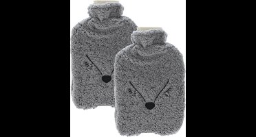 Home & Styling Warmwaterkruik - 2x - 2L - grijs - kruik met hoes - vos - dierenkruik