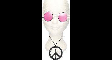 Smiffys Hippie Flower Power verkleed set - peace ketting - en ronde glazen party bril - roze - volwassenen