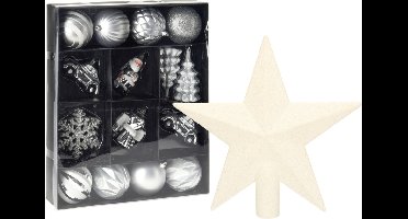 Christmas Decoration Kerstballen en ornamenten - incl. ster piek - zilver/wit - kunststof