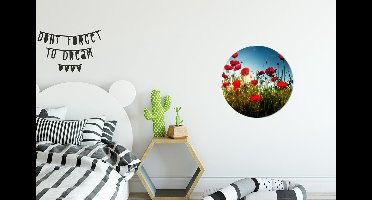 WallCircle - Muurstickers - Behangcirkel - Klaprozen - Toscane - Zon - Rood - Blauw - 30x30 cm - Muurcirkel - Zelfklevend - Ronde Behangsticker