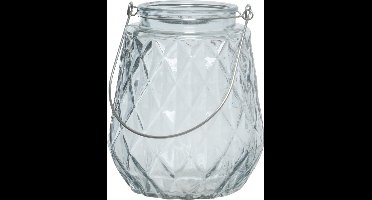 Decoris Waxinelichthouder - ruitjes glas - ijsblauw - metalen handvat - 11 x 13 cm