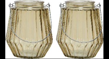 2x stuks theelichthouders/waxinelichthouders streepjes glas taupe met metalen handvat 11 x 13 cm - Windlichtjes/kaarsenhouders