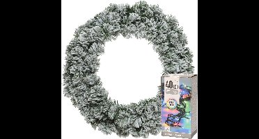 Decoris Kerstkrans - groen met sneeuw - D35 cm - incl. verlichting gekleurd