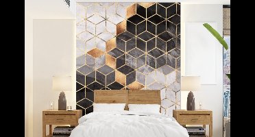 Behang - Fotobehang Abstract - Kubus - Goud - Patronen - Zwart - Wit - Breedte 190 cm x hoogte 260 cm