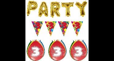 Folat - Verjaardag feestversiering 3 jaar PARTY letters en 16x ballonnen met 2x plastic vlaggetjes