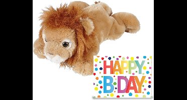 Ravensden - Verjaardag cadeau leeuw 25 cm met Happy Birthday wenskaart