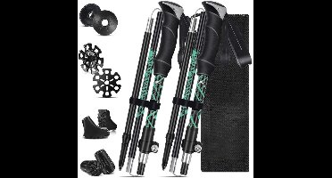 Nordic Walking Stokken - Inklapbaar Carbon Trekkingstokken - Nordic Walking Doppen - Wandelstokken - Verstelbaar & Opvouwbaar - Inschuifbaar - Telescopisch - Hiking Accessoires - Ergonomische & Lichtgewicht - 130 cm - Zwart & Groen