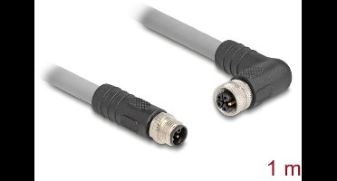 Delock M12 Cable L-coded 5 pin male straight to female right angled PUR suitable for drag chains 1 m grey