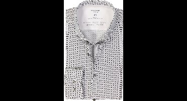 OLYMP 24/7 Level 5 body fit overhemd - dobby - wit met blauw en groen dessin - Strijkvriendelijk - Boordmaat: 41