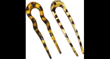 Haarpin lichtbruin + Haarpin U-vorm geel-bruin luipaardprint set van 2 stuks