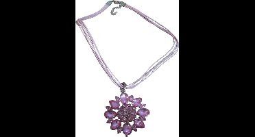 Ketting met ronde hanger bloem blaadjes strass stenen roze #2