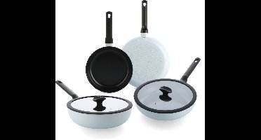 BK Enjoy 4-delige Set - Lichtblauw - Koekenpan 24/28cm - Hapjespan met deksel - Wokpan 28cm - PFAS vrij - koelgrepen - ovenbestendig tot 160°