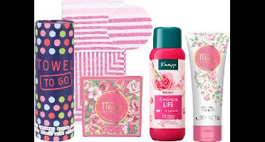 Kneipp Cadeauset Embrace Life, Maja Rose Love & Hammam - Maja Love Rose Soap 100g - Maja Love Rose Body Lotion 200ml - Kneipp Badschuim Embrace Life 400 ml - Towel To Go Hamamdoek Licht Roze