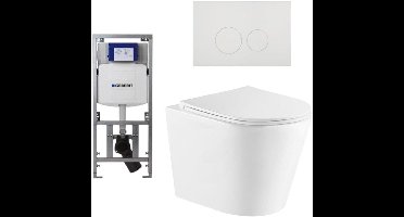 QeramiQ Dely Toiletset - 36.3x51.7cm - diepspoel - rimless - Geberit UP320 inbouwreservoir - met Burda frame - softclose toiletzitting - glans witte bedieningsplaat - ronde knoppen - wit glans