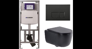 QeramiQ Dely Swirl Toiletset - 36.3x51.7cm - Geberit UP320 inbouwreservoir - met Burda frame - slim zitting - mat zwarte metalen bedieningsplaat - rechthoekige knoppen - mat zwart