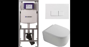QeramiQ Dely Swirl Toiletset - 36.3x51.7cm - Geberit UP320 inbouwreservoir - met Burda frame - 35mm zitting - glans witte bedieningsplaat - rechthoekige knoppen - wit glans