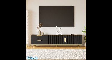 Gutent TV-kast - Laag kabinet - Gesneden structuur - Gouden handgrepen en poten - Zwart