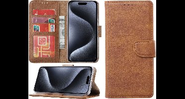 Hoesje Geschikt voor iPhone 15 Pro Max – portemonnee bookcase met pasjeshouder – Bruin