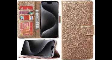 Hoesje Geschikt voor iPhone 15 Pro – portemonnee bookcase met pasjeshouder – Goud