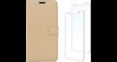 LuxeBass Samsung Galaxy A11 hoesje book case + 2 stuks Glas Screenprotector goud - telefoonhoes - gsm hoes - telefoonhoesjes - glas scherm - bescherming