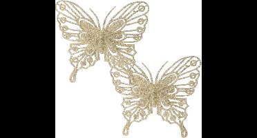 Decoris decoratie vlinders op clip - 2x - champagne - 13 cm