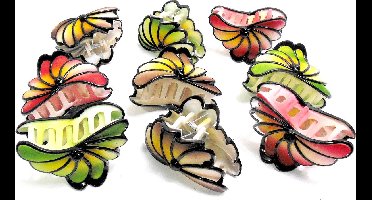 9 grote haarklemmen 8 cm bloemen 3x rood-geel-zwart / 3x groen-geel-zwart / 3x bruin-geel-zwart