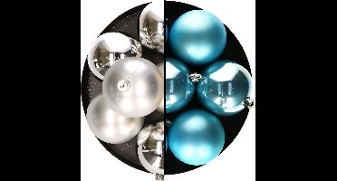 Decoris Kerstballen - 12x st - 8 cm - zilver en blauw - kunststof