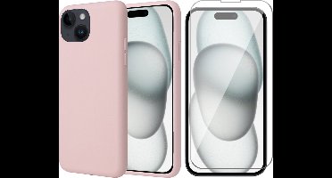 Hoesje geschikt voor iPhone 15 Plus - Screen Protector GlassGuard - Back Cover Case SoftTouch Roze & Screenprotector