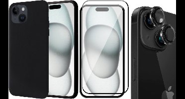 Hoesje geschikt voor iPhone 15 Plus - Screenprotector FullGuard & Camera Lens Screen Protector Zwart - Back Cover Case SoftTouch Zwart