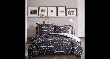 Beddengoed, driehoeken, 200 x 200 cm, grijs-wit, 3-delige microvezel dekbedovertrek, set, strepen, geometrisch grijs, wit, patroon, extreem duurzaam, 1 x 200 x 200 cm, omkeerbaar beddengoed + 2 kussenslopen 80 x 80 cm