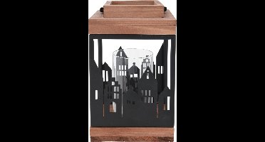 Houten lantaarn voor waxinelichtjes, kaarsen met skyline van de stad en handvat gemaakt van hout en metaal