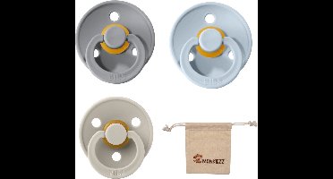 Bibs fopspeen - maat 1 0-6 maanden - set 3 stuks – Cloud - Baby Blue - Sand + Monkiezz speenzakje