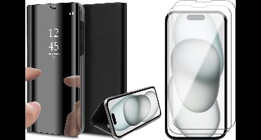 Hoesje geschikt voor iPhone 15 - 2x Screen Protector GlassGuard - Book Case Spiegel Zwart & Screenprotector