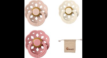 Bibs Boheme fopspenen - maat 2 6-18 maanden - 3 stuks – Blush – Ivory – Dusty Pink + Monkiezz speenzakje