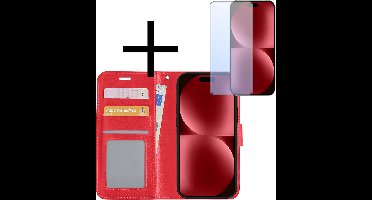 Hoesje - Met Screenprotector - Geschikt voor Apple iPhone 15 - Luxe Pasjeshouder - Bookcase Portemonee - Flip Case - Kunstleer Book Case - Flipcase - Book Cover - Walletcase - Portemonneehoes - Rood
