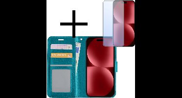 Hoesje - Met Screenprotector - Geschikt voor Apple iPhone 15 Pro Max - Luxe Pasjeshouder - Bookcase Portemonee - Flip Case - Kunstleer Book Case - Flipcase - Book Cover - Walletcase - Portemonneehoes - Turquoise